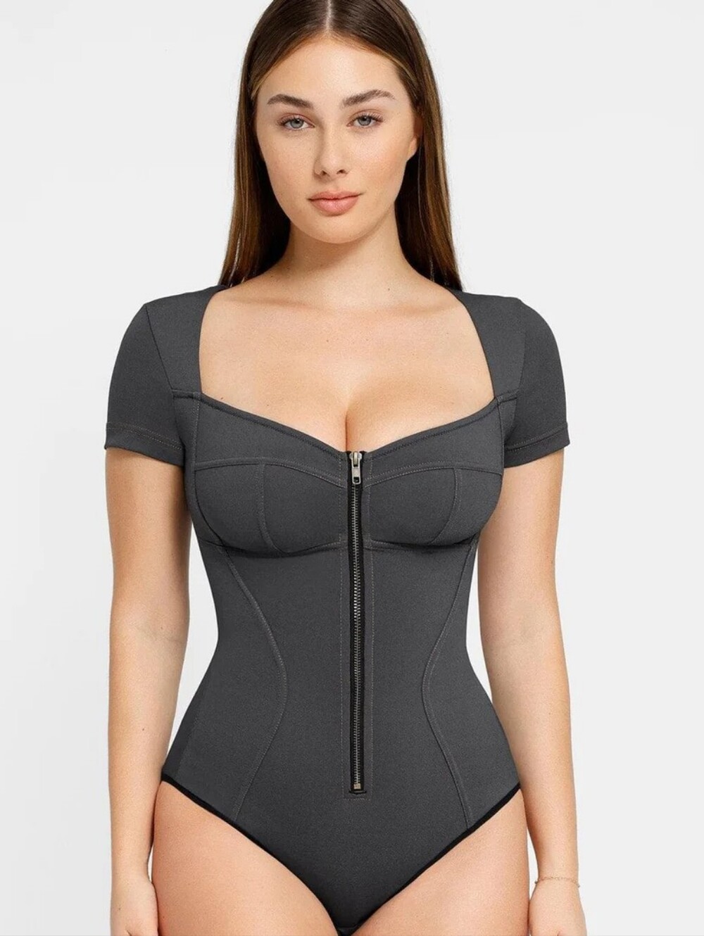 Popilush Denim V-Neck Short Sleeve Shapewear Bodysuit Gray  Large NWT